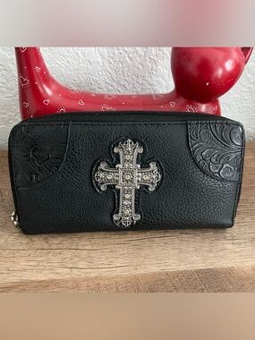 Chic Embossed Cross Accent Zip Wallet